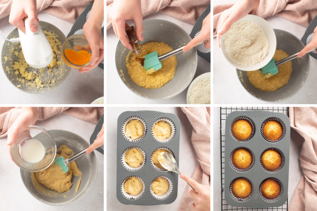 Six-panel grid showing the step-by-step process of mixing batter and baking a batch of golden Easter Pastel Vanilla Cupcakes.