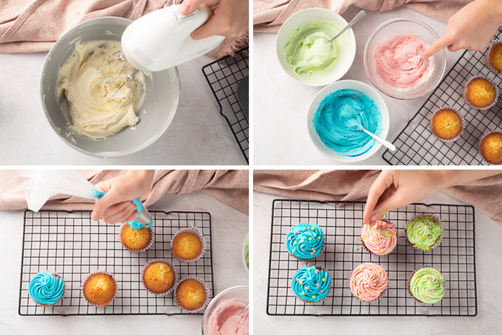 A collage showing the process of coloring buttercream, piping bright swirls, and adding sprinkles to the Easter Pastel Vanilla Cupcakes.