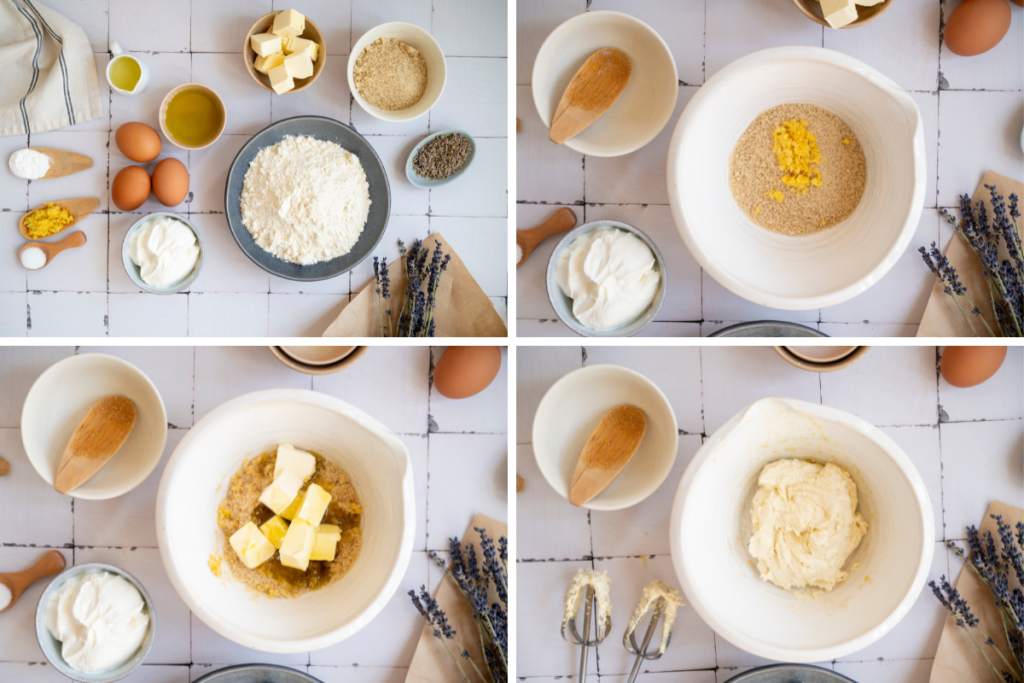 Baking ingredients for a lemon lavender pound cake recipe featuring flour, eggs, butter, lemon zest, and dried lavender buds on a tile background.
