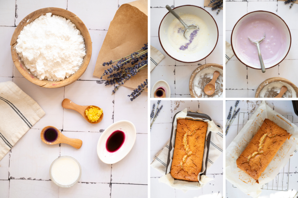 Freshly baked lemon lavender pound cake cooling next to vibrant purple icing ingredients and lemon zest for the decorative floral glaze.