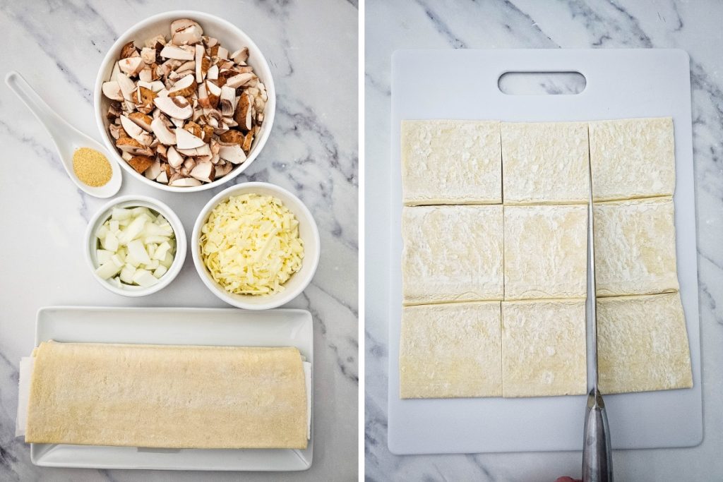 Ingredients for Mushroom Puff Pastry Bites, including chopped mushrooms, onions, shredded cheese, garlic powder, and store-bought puff pastry sheets.