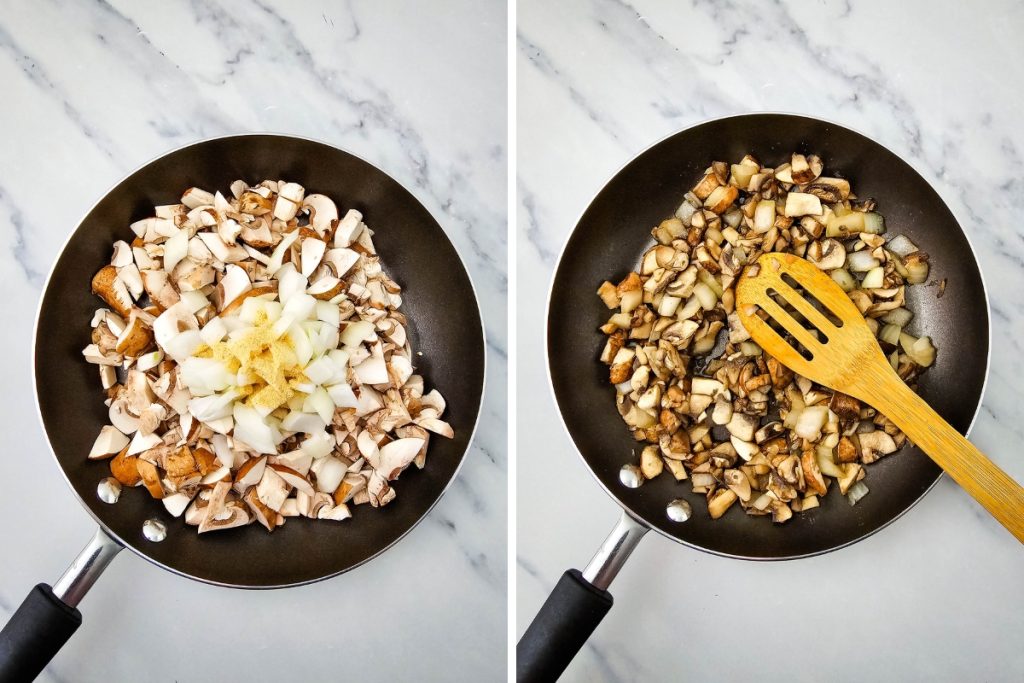 Sautéing diced mushrooms and onions in a skillet to create the savory filling for homemade Mushroom Puff Pastry Bites.