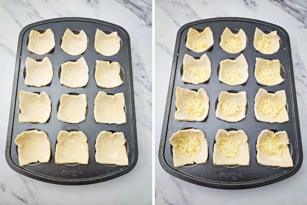 Placing squares of puff pastry into a muffin tin to form the base for these cheesy Mushroom Puff Pastry Bites.