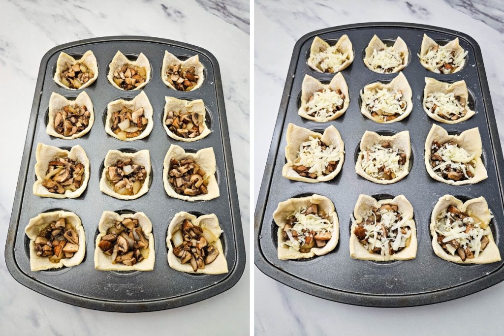 Filling pastry cups with a savory mushroom mixture and shredded cheese before baking these quick Mushroom Puff Pastry Bites.