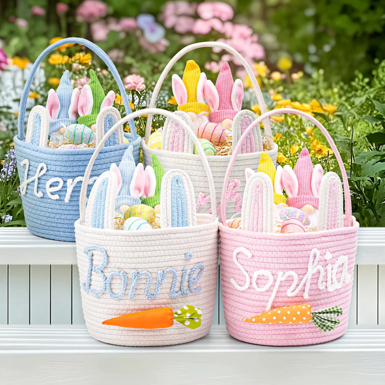 Personalized crochet Easter baskets in pink, blue, and cream with bunny ears and carrot decorations, custom baby Easter basket options. Etsy