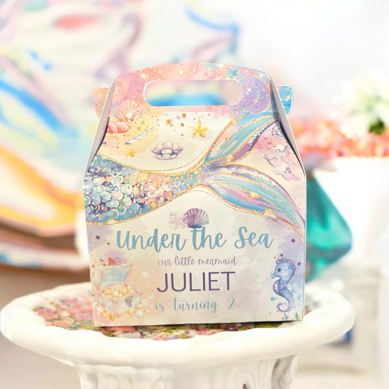 Personalized under the sea favor box with glittery mermaid tail and ocean graphics creates beautiful custom mermaid party favors for birthday celebrations.