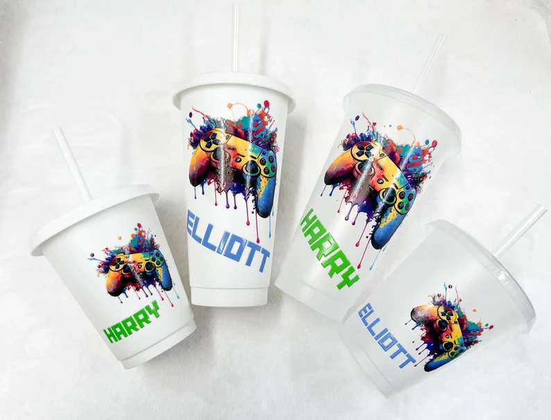Personalized gamer cups with colorful video game controller designs, perfect tween teen boy party favors for gaming-themed celebrations. Etsy