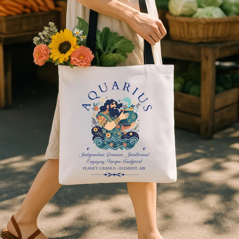 a lady carrying an aquarius tote bag etsy
