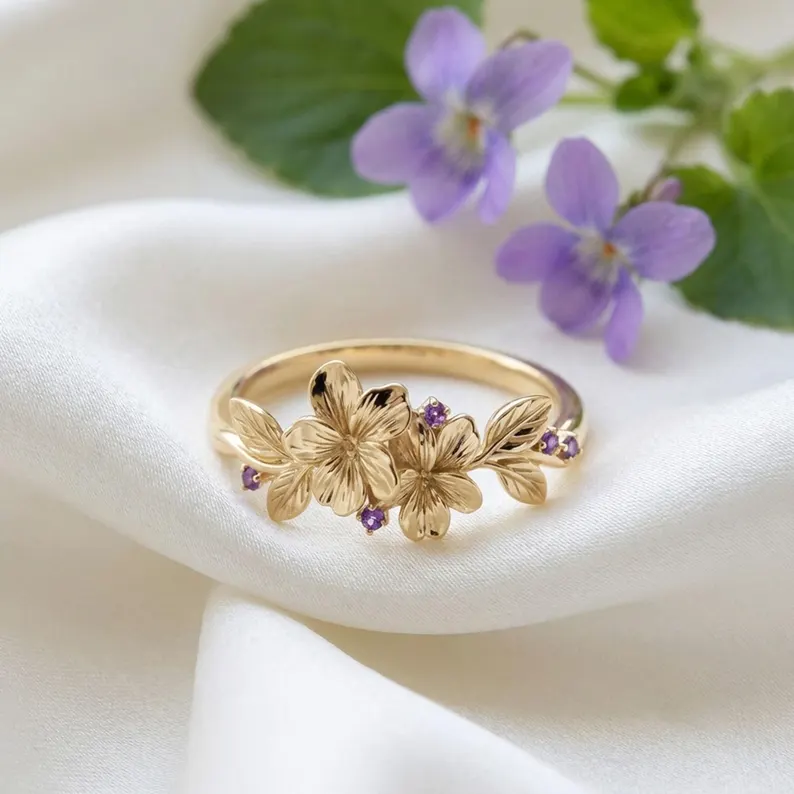 gold ring with flowers and amethyst etsy