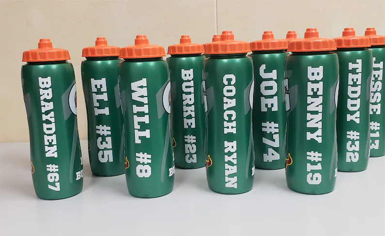 personalized with name drink bottles of Gatorade green with orange lid etsy