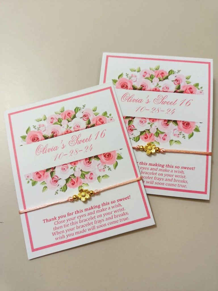 sweet 16 thank you string bracelet with flower on a presentation card etsy