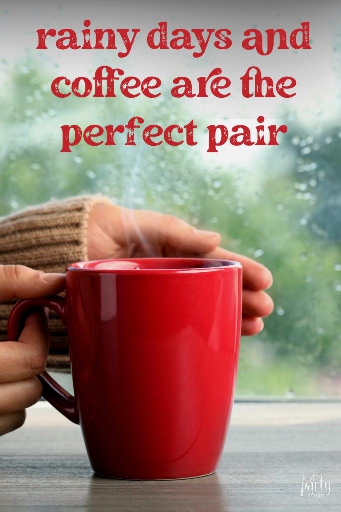 hands around a red coffee mug with woolly jumper text overlay rainy days and coffee are the perfect pair