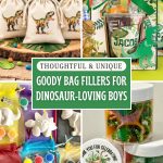 collage of images dinosaur party gifts for a kids dinosaur themed party. Party