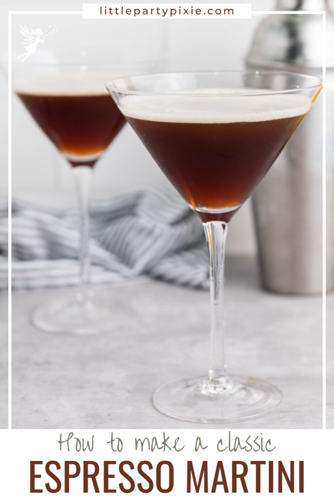 classic espresso martini 2 glasses against a background of cocktail shaker