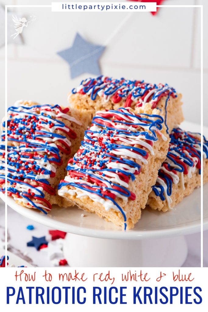 Stack of Patriotic Rice Krispie Treats topped with red, white, and blue candy drizzle and festive sprinkles on white cake stand with star decorations.