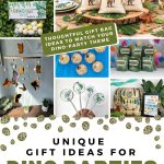 collage of images dinosaur party gifts for a kids dinosaur themed party. Party