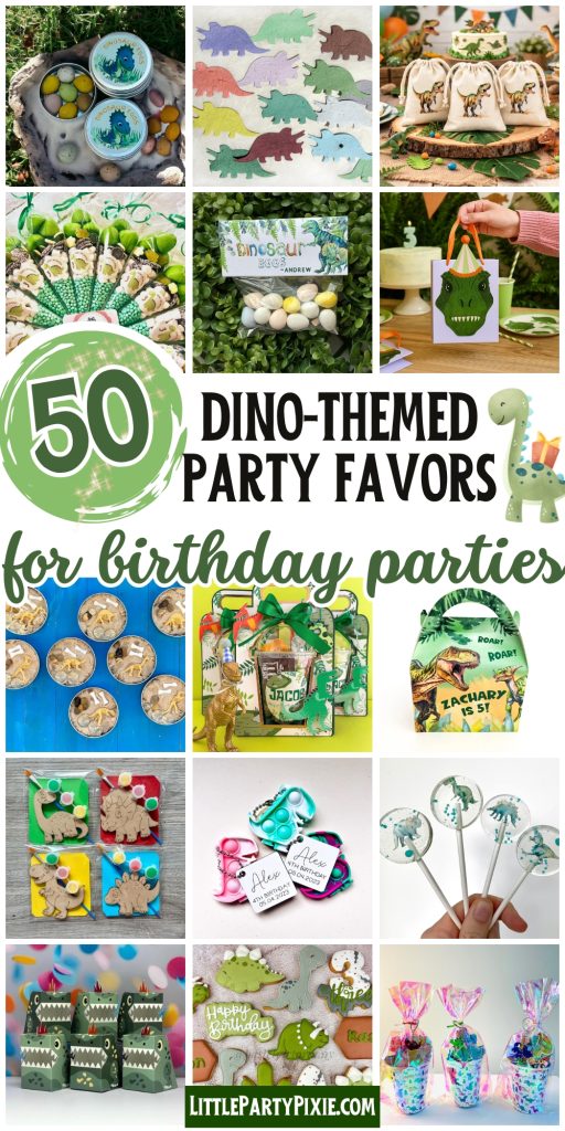 collage of images dinosaur party gifts for a kids dinosaur themed party. Party favor ideas from Etsy and amazon