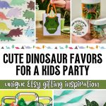 collage of images dinosaur party gifts for a kids dinosaur themed party. Party favor ideas from Etsy and amazon