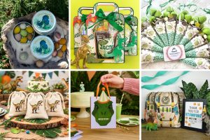 collage of dinosaur party favor images