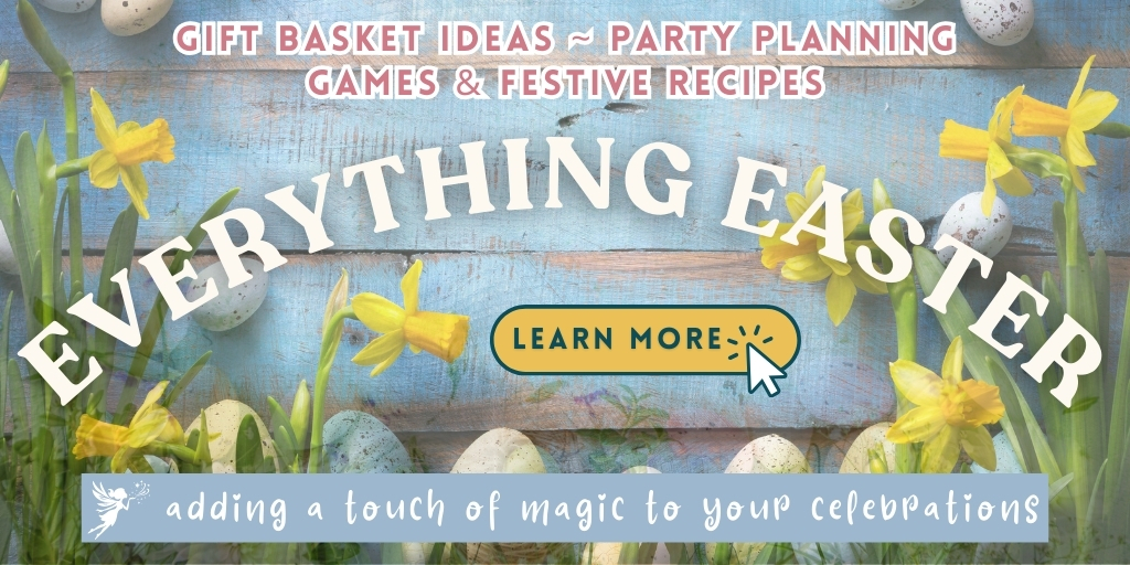 everything easter home page advertisement with text overlay gift basket ideas, party planning, games and festive recipes, learn more