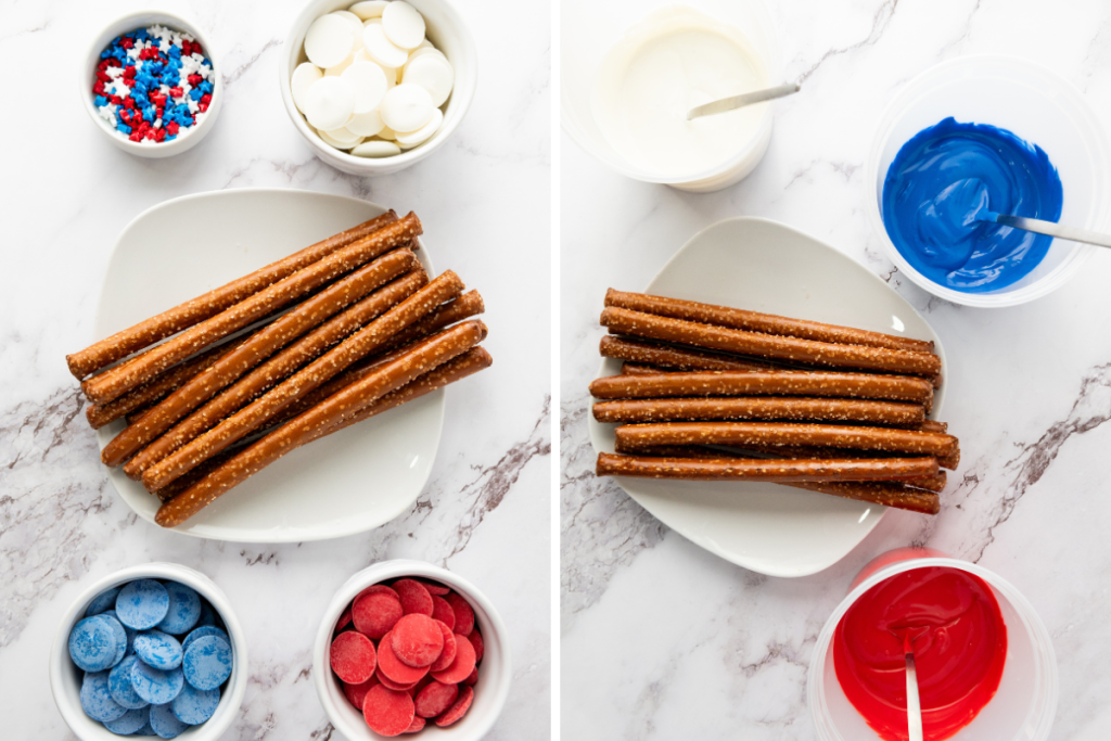 Ingredients for Patriotic Red White & Blue Firecracker Pretzel Rods including pretzel rods, red white blue candy melts, and star sprinkles on marble surface.