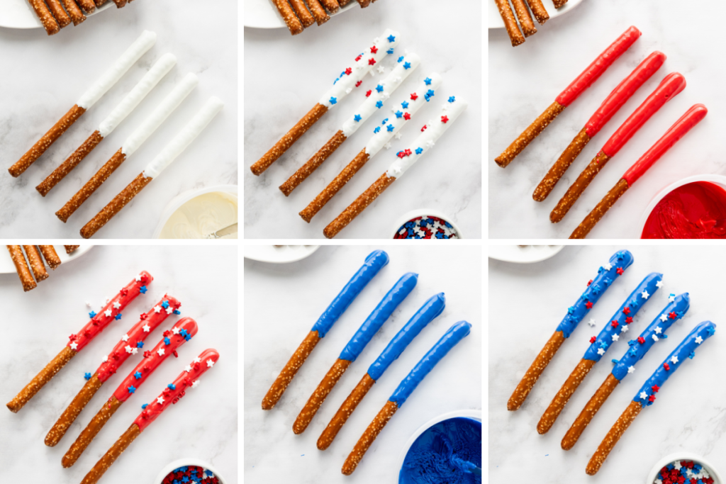 Step-by-step process showing Patriotic Red White & Blue Firecracker Pretzel Rods being dipped in colored candy melts and decorated with patriotic star sprinkles on white background.