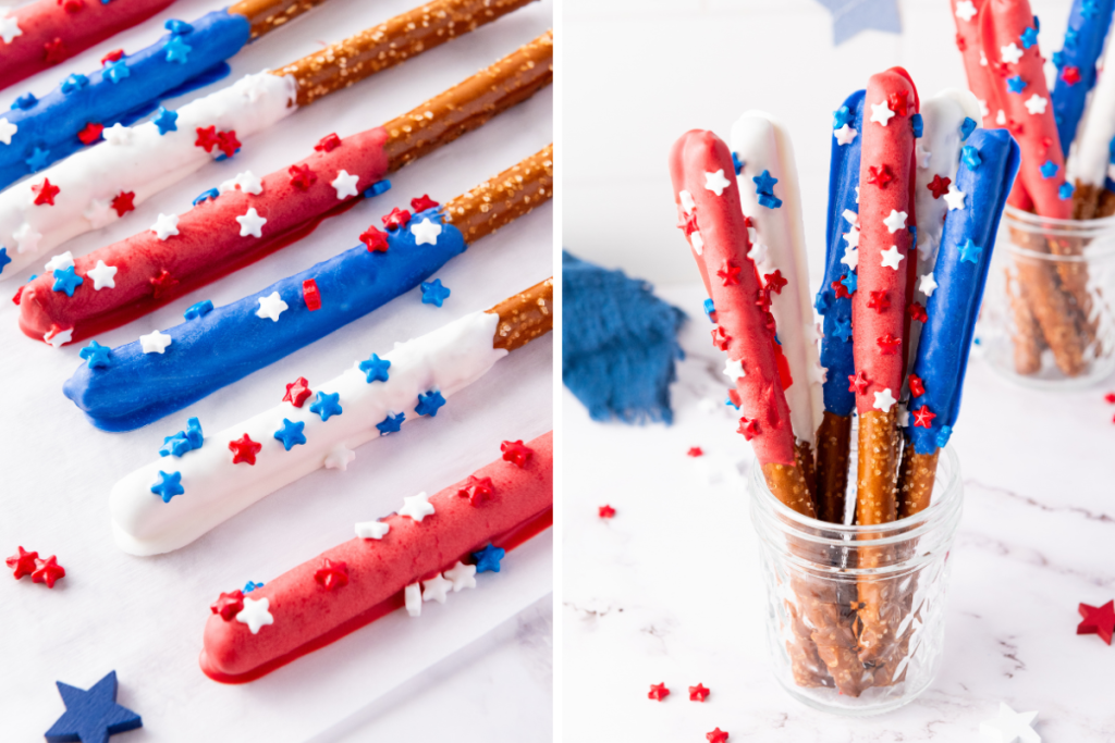 Finished Patriotic Red White & Blue Firecracker Pretzel Rods with chocolate coating and star sprinkles displayed on marble and in glass jar.