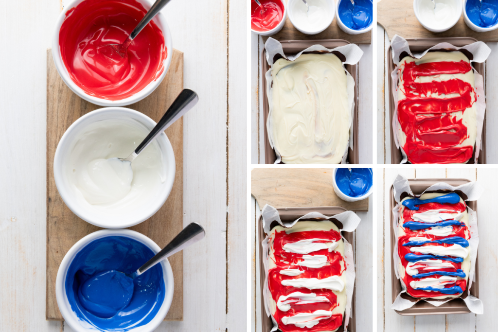 Melted red, white, and blue candy in bowls with Red White & Blue Chocolate Bark being drizzled in layers over white chocolate base.