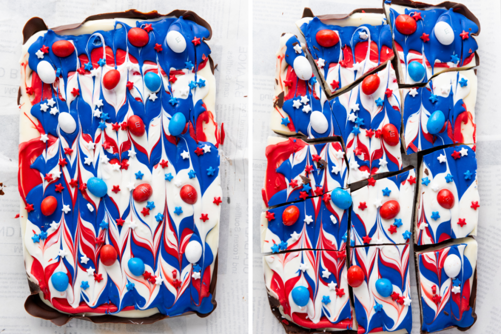 Decorated Red White & Blue Chocolate Bark slab with swirled red, white, and blue candy shown whole and cut into pieces.