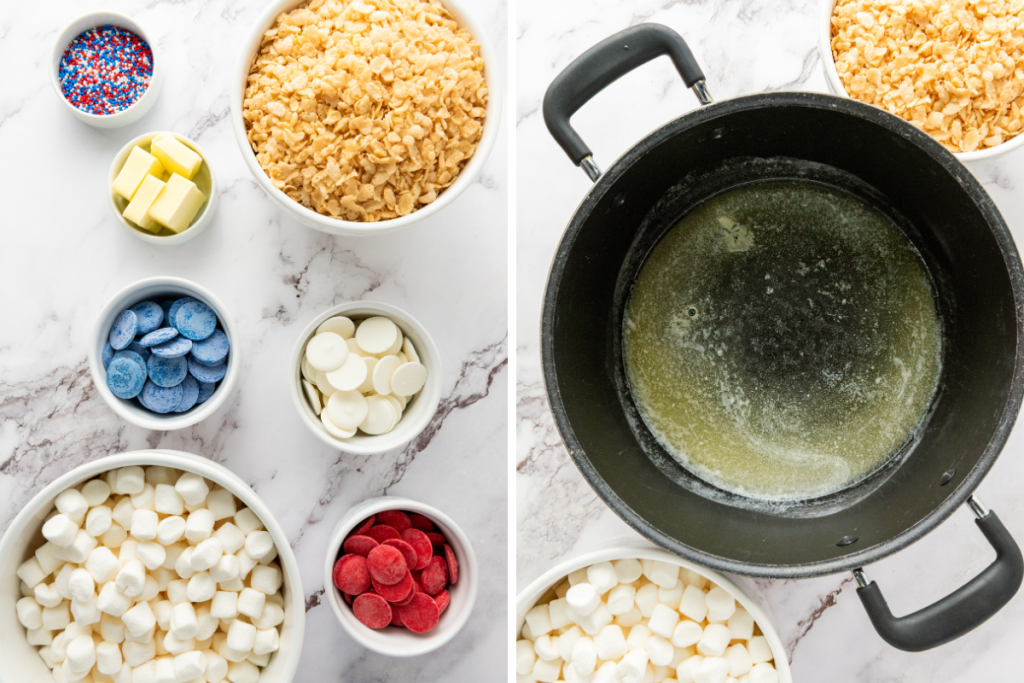 Ingredients for Patriotic Red White & Blue Rice Krispies including cereal, marshmallows, butter, candy melts, and sprinkles with melted butter in pot.