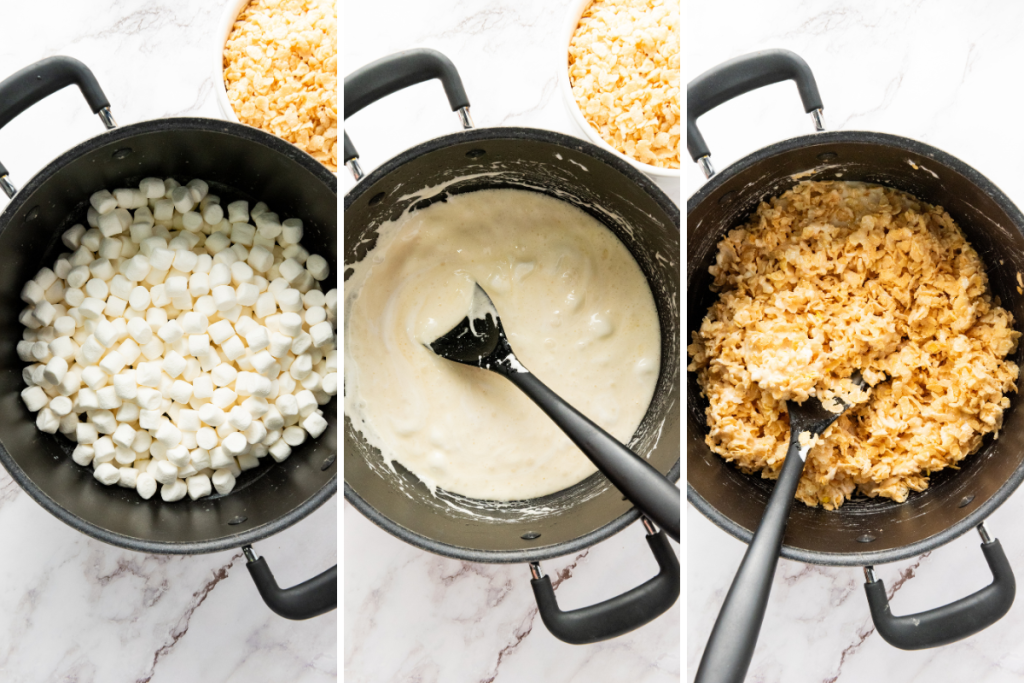Making Patriotic Red White & Blue Rice Krispies base by adding marshmallows to butter, melting until smooth, then mixing with cereal.
