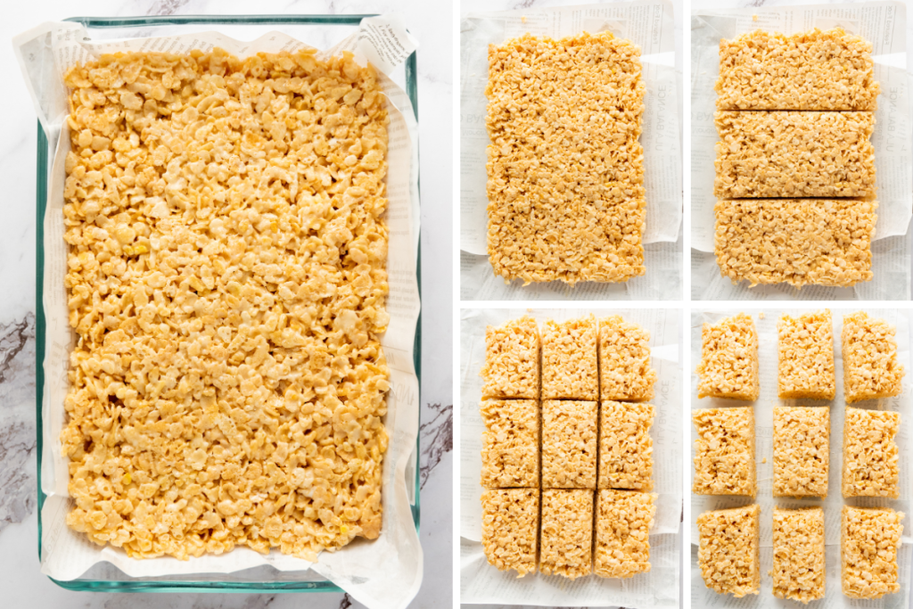 Patriotic Red White & Blue Rice Krispies mixture pressed in baking pan, lifted onto cutting board, and cut into individual bars.