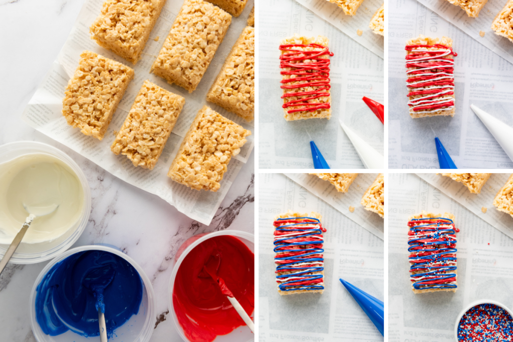 Decorating Patriotic Red White & Blue Rice Krispies with red, white, and blue melted candy drizzle and patriotic sprinkles.