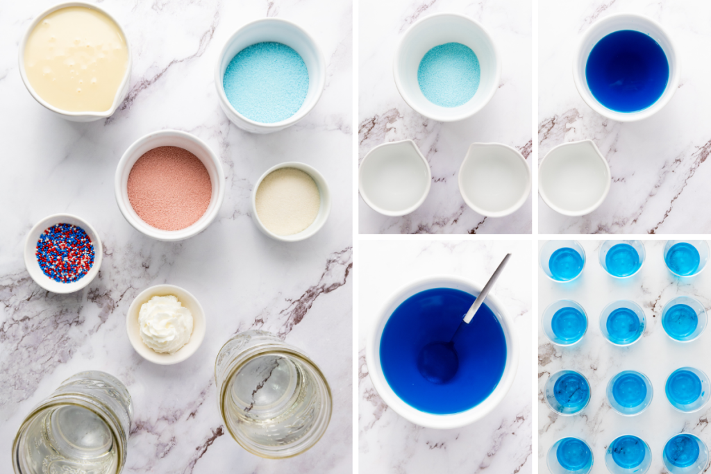 Ingredients and step-by-step process for making non-alcoholic red, white & blue jello shots showing blue jello preparation, mixing, and pouring into clear cups.