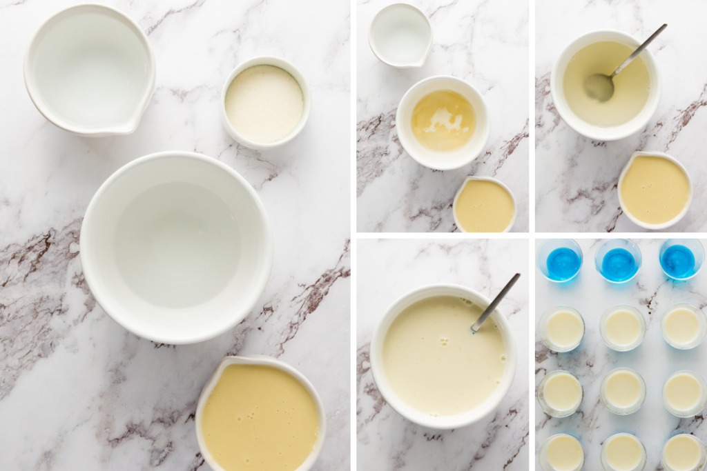 Preparing white gelatin layer for non-alcoholic red, white & blue jello shots with sweetened condensed milk mixture being stirred and poured over blue layer.