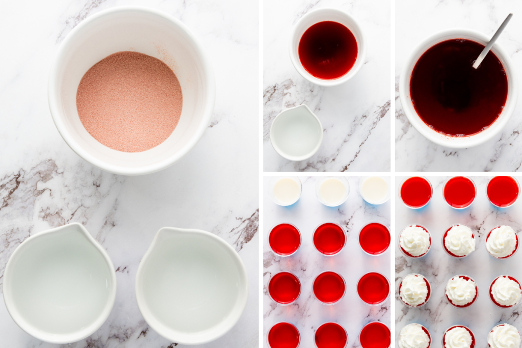 Final red jello layer preparation for non-alcoholic red, white & blue jello shots showing red jello mixing, layering process, and adding whipped cream topping to completed cups.