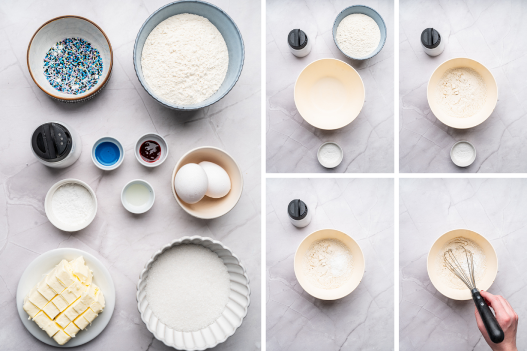 Ingredients for red white and blue patriotic pinwheel cookies including flour, butter, sugar, eggs, and food coloring with dry ingredients being whisked.