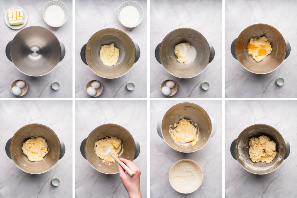 Making base dough for red white and blue patriotic pinwheel cookies by creaming butter and sugar, adding eggs, then mixing in flour.