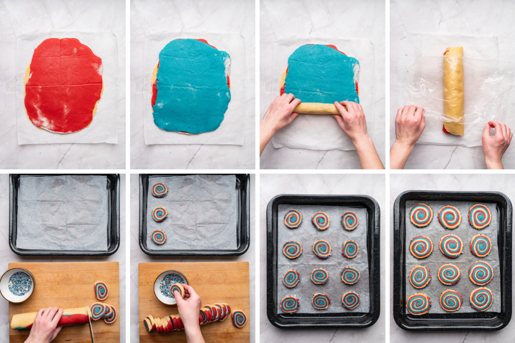 Rolling colored dough into rectangles, stacking layers, rolling into log, slicing, and baking red white and blue patriotic pinwheel cookies.