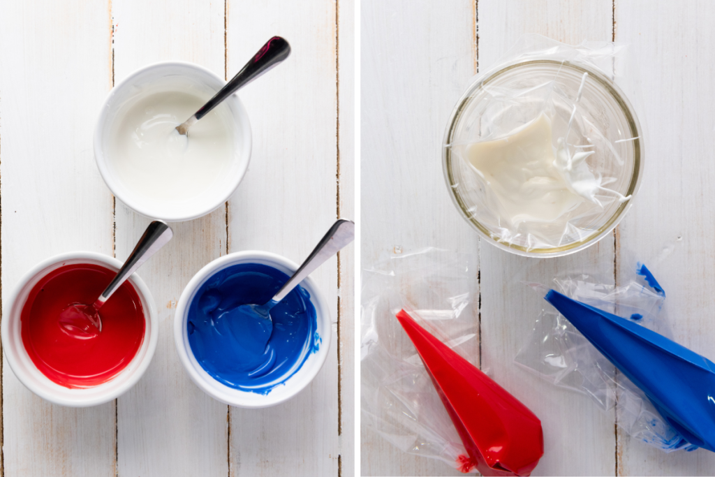 Melted red, white, and blue candy in bowls transferred to piping bags for drizzling red white and blue patriotic popcorn.