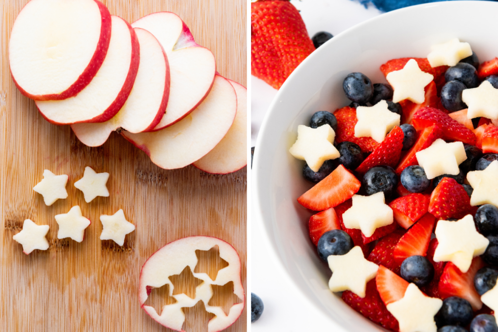 Sliced Pink Lady apple with star-shaped pieces cut using cookie cutter for star spangled fruit salad shown with finished bowl.