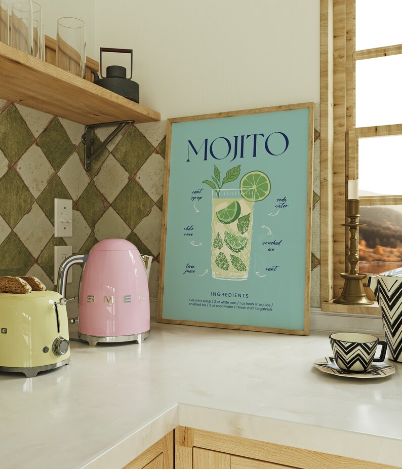 Mint blue mojito poster with illustrated recipe, ingredients, and labeled lime, mint, rum graphics in wood frame on retro kitchen counter—vibrant mojito lovers gift ideas. Etsy