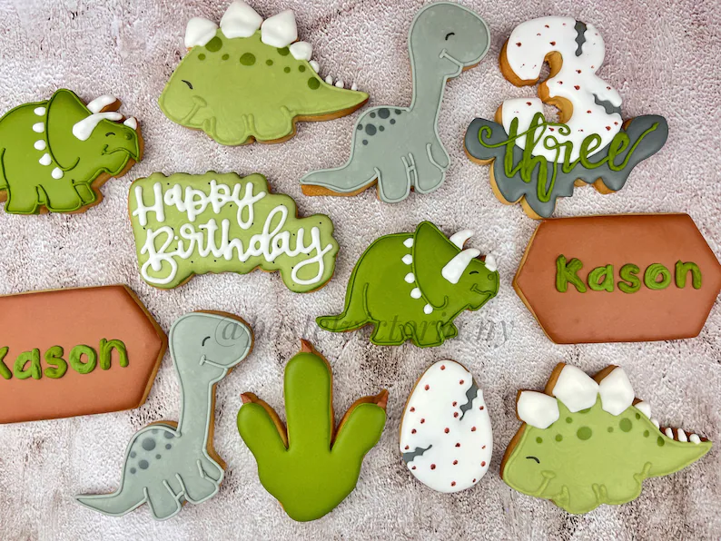 set of custom dinosaur cookies with personalizations for a birthday party etsy