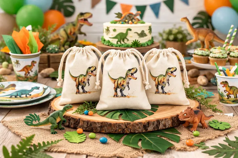 cute mini drawstring bags with dinosaur print on a dinosaur party background etsy