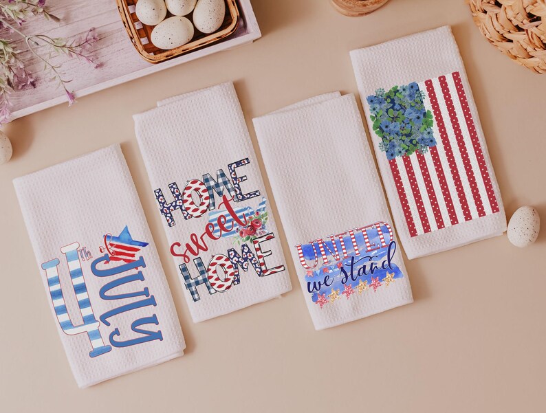 Set of four patriotic kitchen towels with American flag and festive prints — charming 4th of July hostess gifts for home entertaining. Etsy