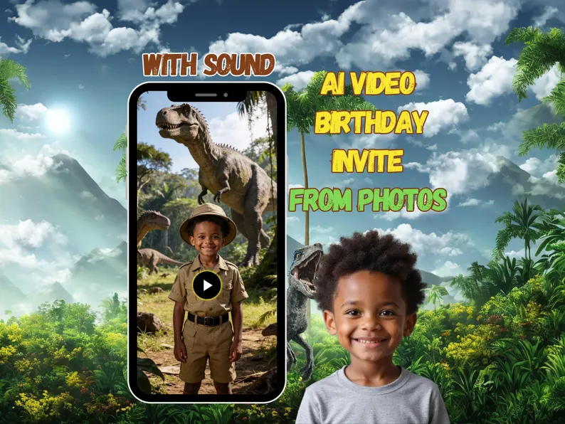 template of an e invite that puts a childs face in a ranger outfit with a dinosaur AI animated party invite etsy
