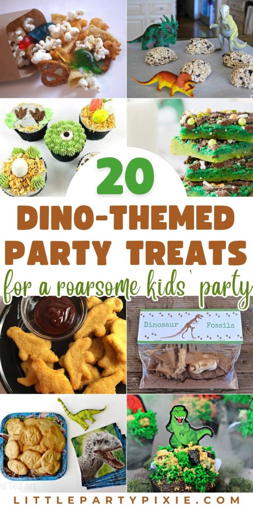 A collage showcasing dino themed party food ideas like dinosaur nuggets, fossil treat bags, rice crispy eggs, and elaborately decorated cupcakes for kids.
