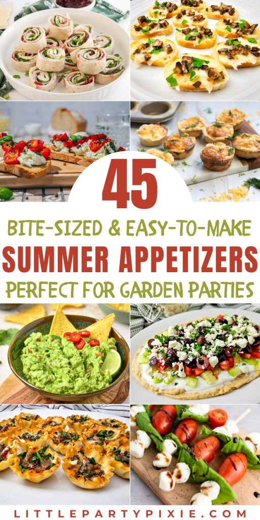 Easy summer appetizers collage displaying cranberry pinwheels, mushroom polenta bites, strawberry bruschetta, ham quiches, fresh guacamole, Greek dip, and caprese skewers.