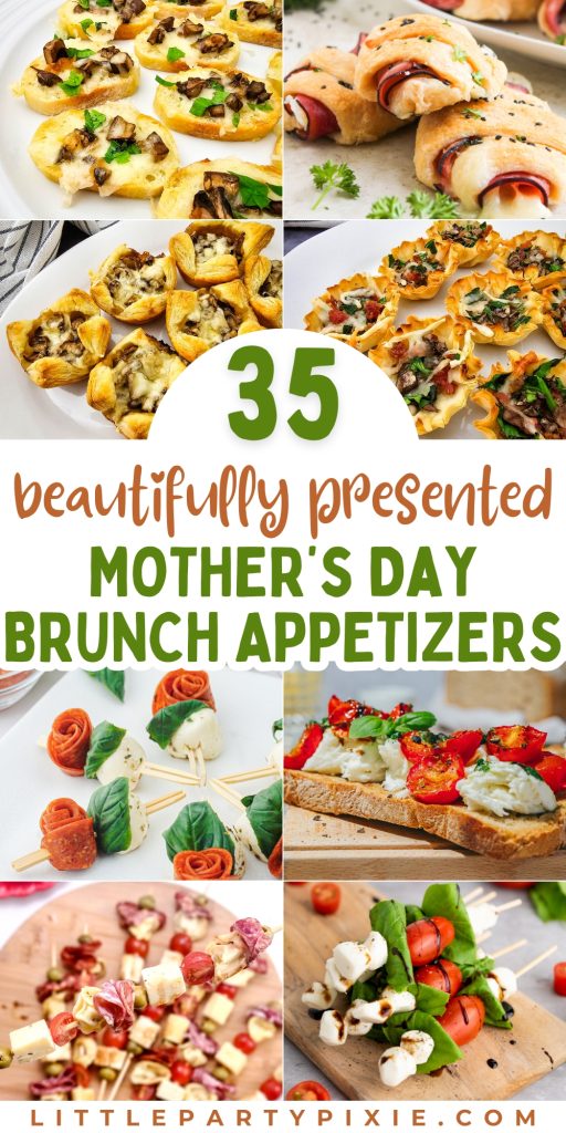 A vibrant collage of beautifully presented Mother's Day appetizers including mushroom crostini, pepperoni rose skewers, burrata bruschetta, caprese skewers, and cheesy phyllo bites.