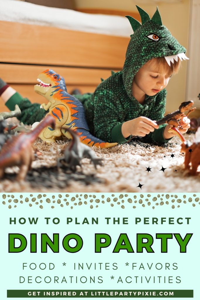 Preschooler child wearing a dinosaur costume playing with plastic dinosaurs, captioned how to plan the Perfect Dino party